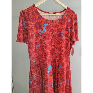 New LuLaRoe Amelia Dress Pockets 2XL Pleated Blue/Red Daisy Floral Pattern